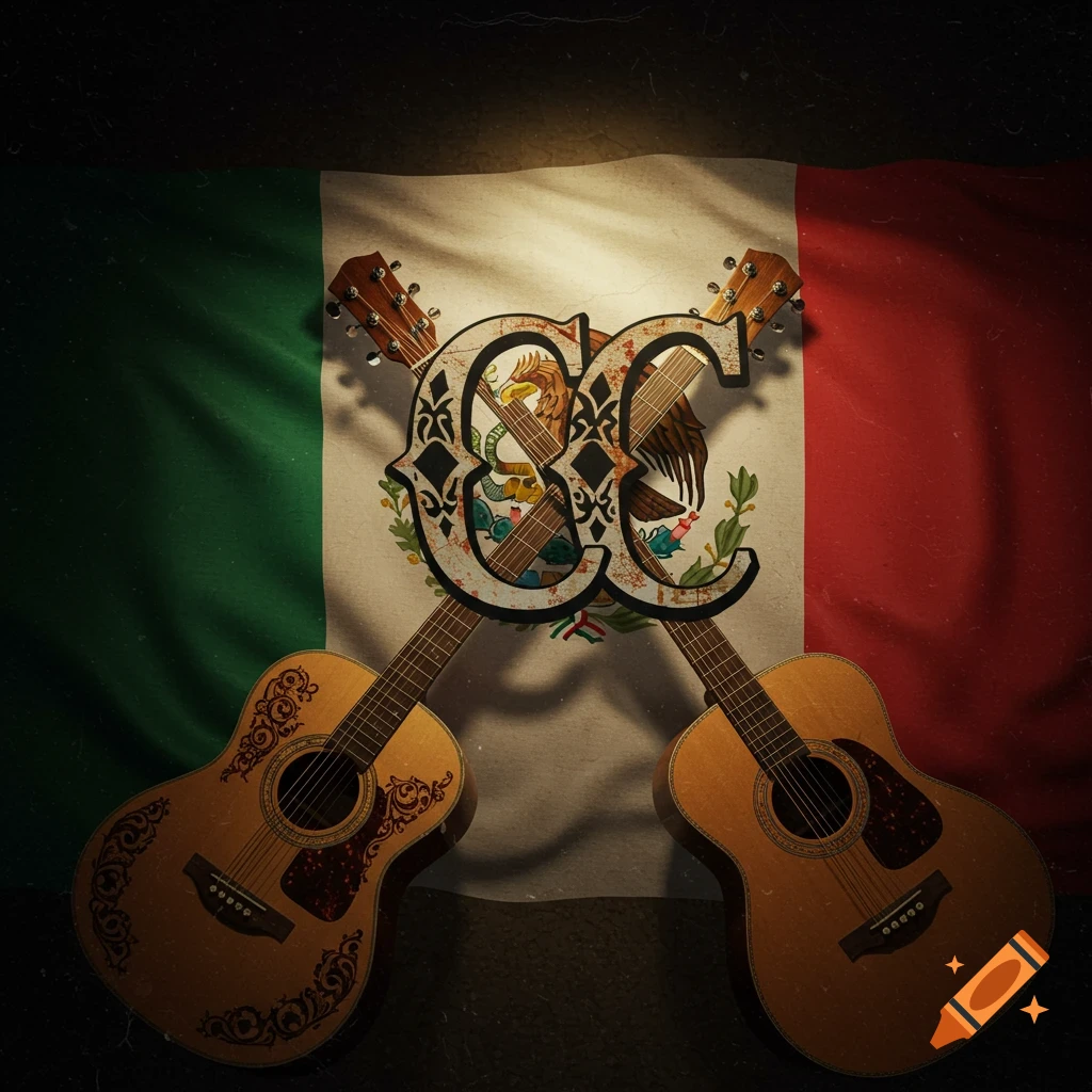 Crossed guitars and stylized 'CC' letters over a Mexican flag in a dark setting.