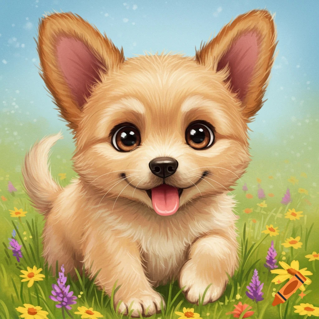 A cute puppy sits in a field of colorful flowers.