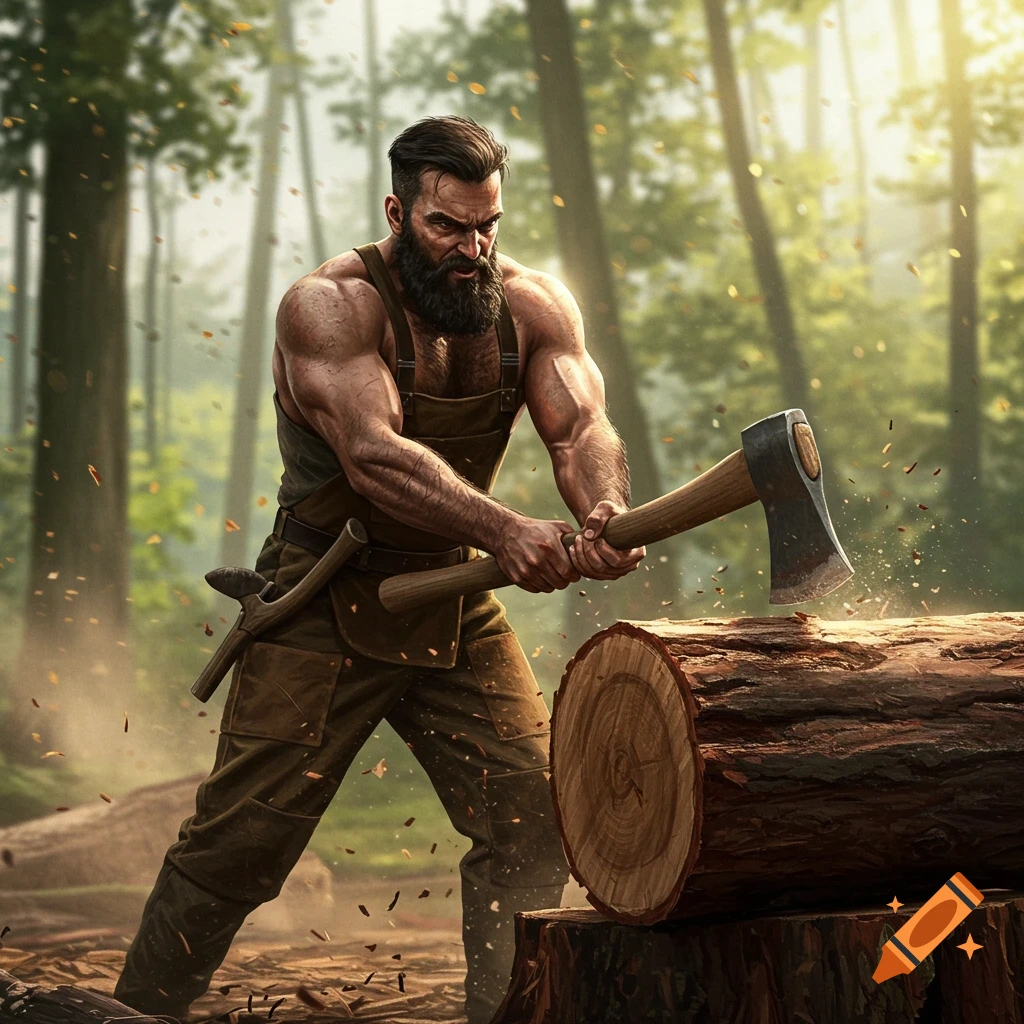 A muscular lumberjack chopping wood in a sunny forest.