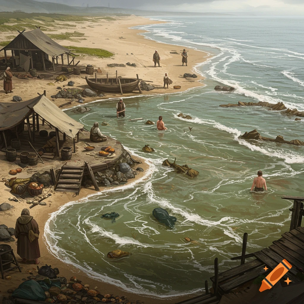 A medieval beach with people, huts, a boat, and frothy water.