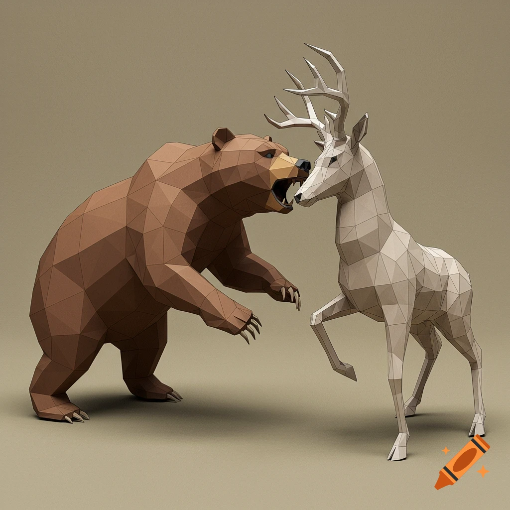 A brown polygonal bear confronts a white polygonal deer