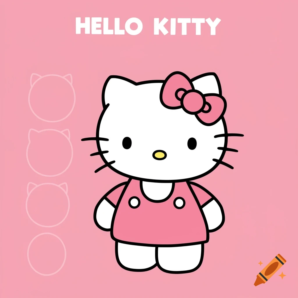 Hello Kitty drawing tutorial with character and outlined steps on pink background.