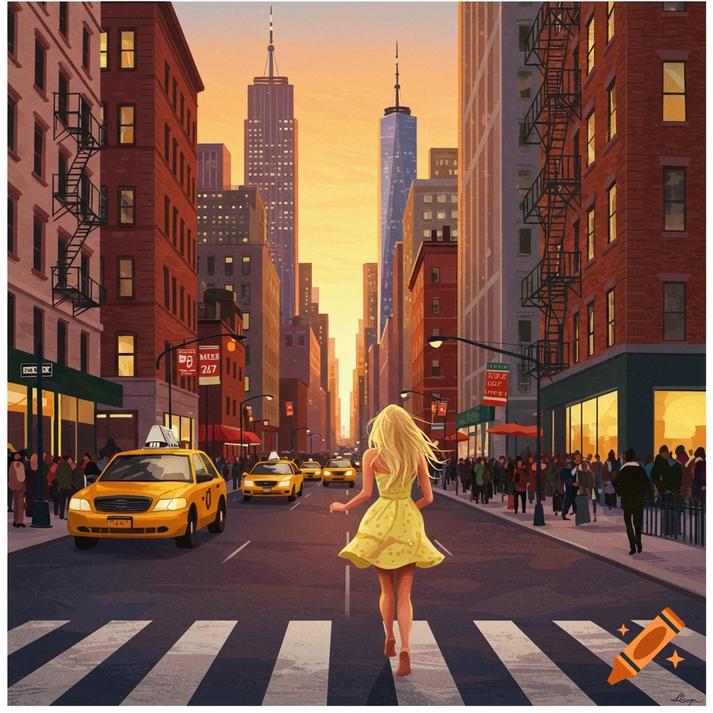 A blonde woman runs barefoot through the streets of New York City.