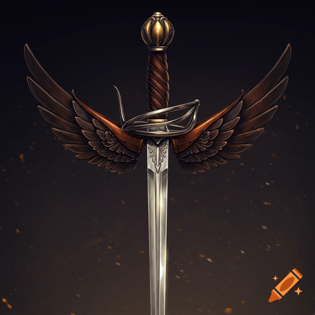 A sword with feathered wings on a dark background.