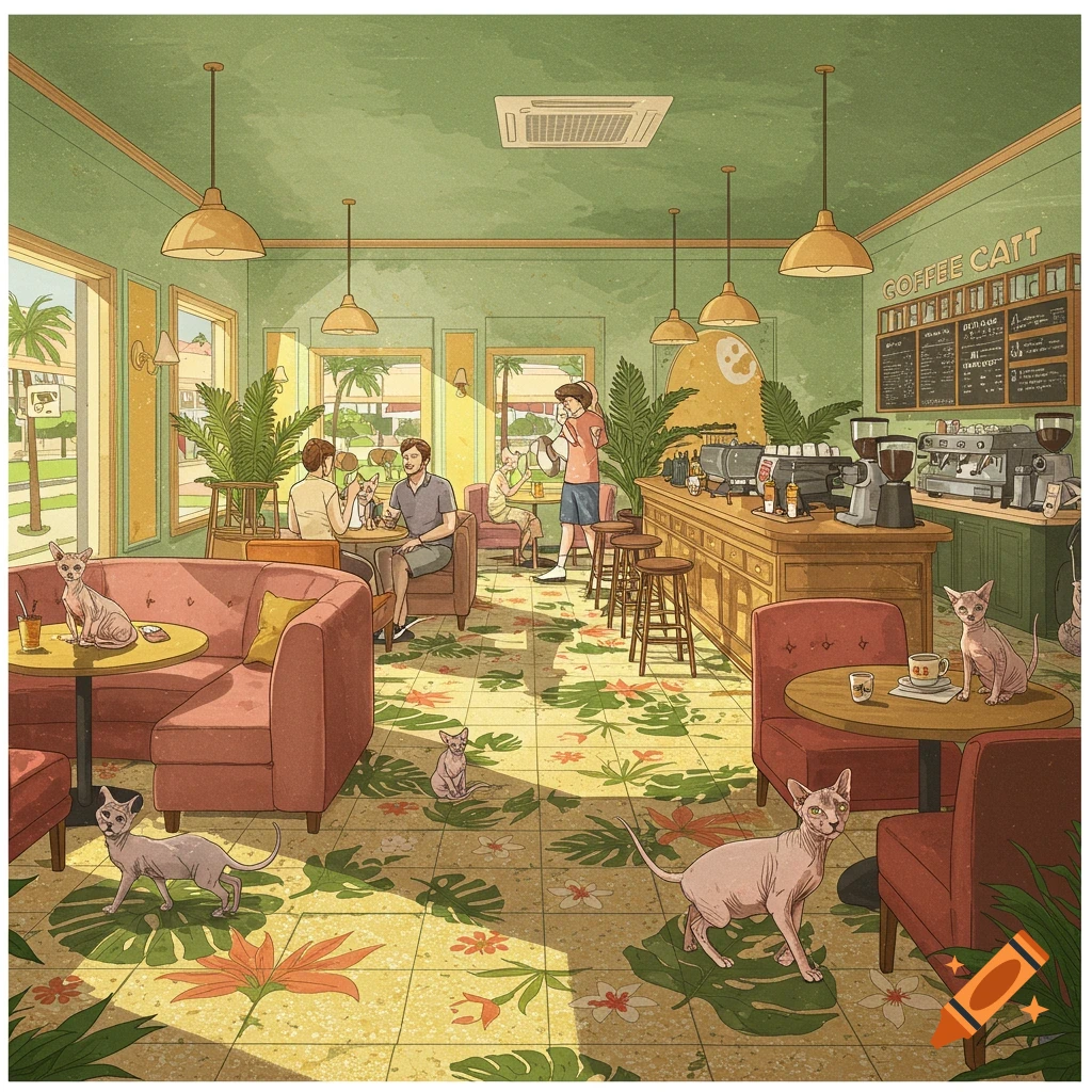 People and hairless cats in a coffee shop.