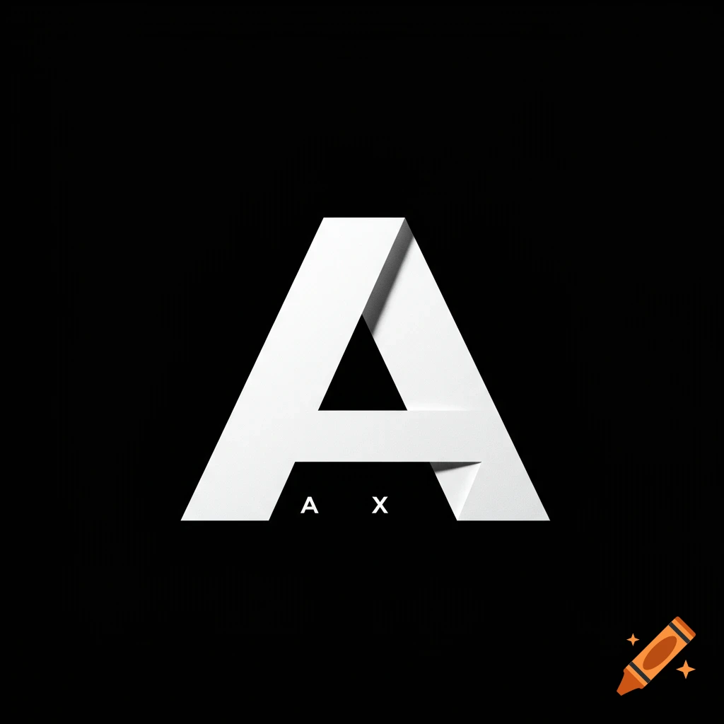 Large white geometric letter A with 'A X' below on a black background