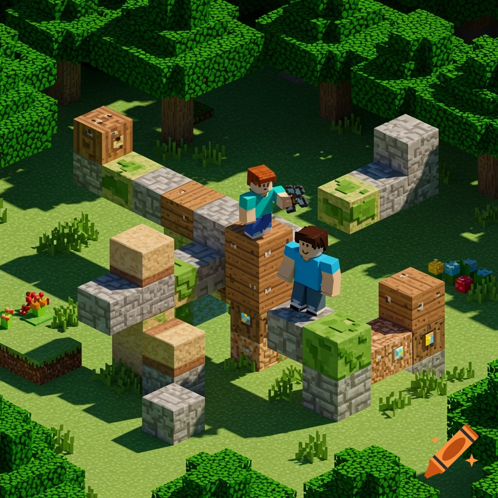 Two blocky characters on an obstacle course made of Minecraft blocks.