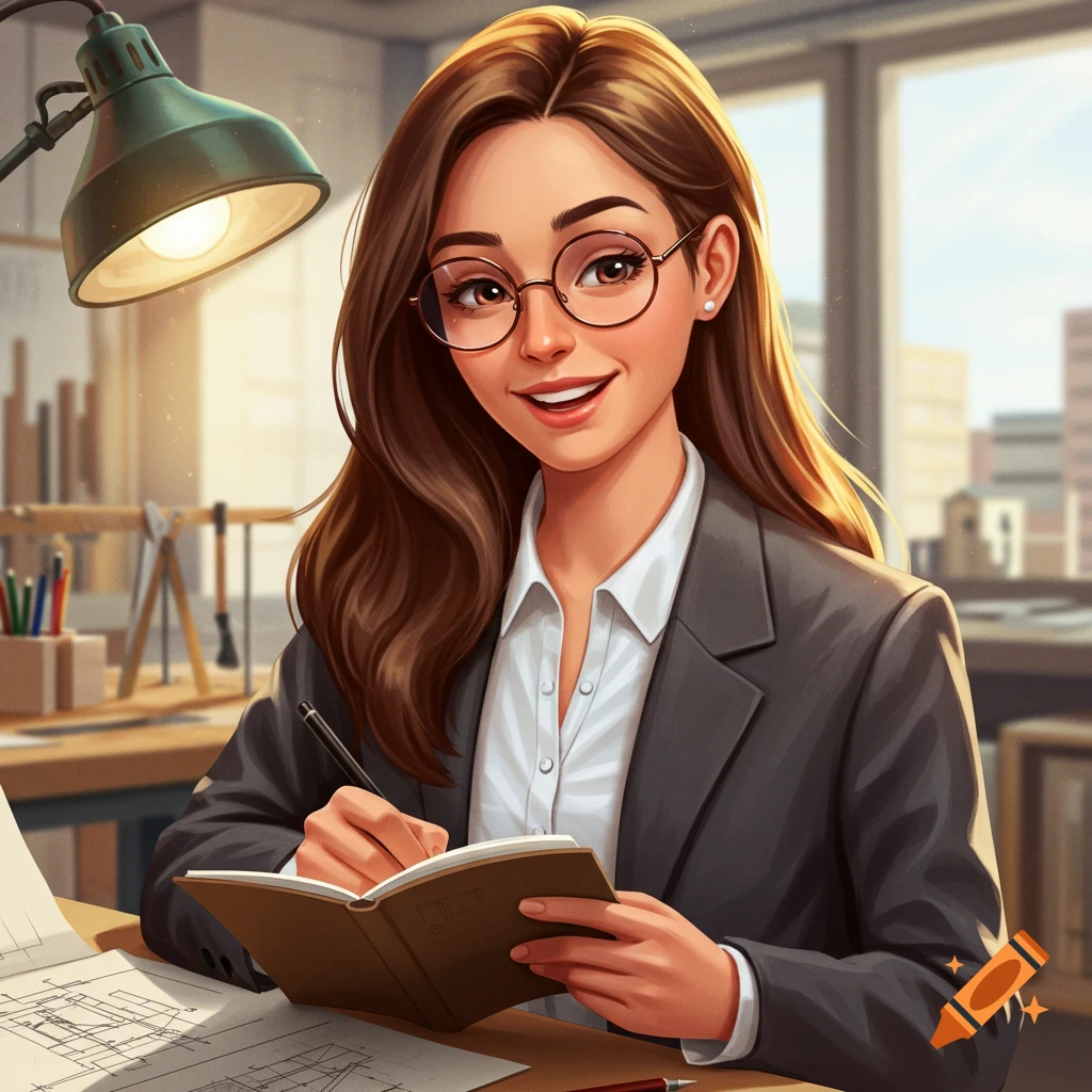 A woman architect is writing in a notebook at a desk.