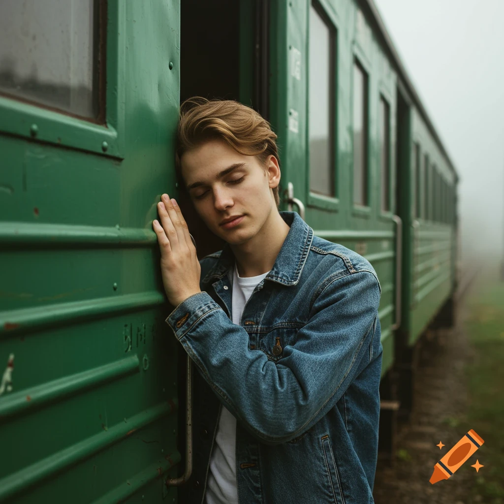 Young man in denim jacket leaning against a green train with eyes closed, in a foggy setting.