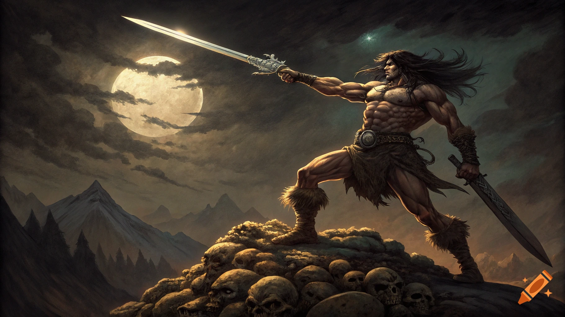 Muscular barbarian figure stands on a pile of skulls with a sword raised under a full moon, painting style.