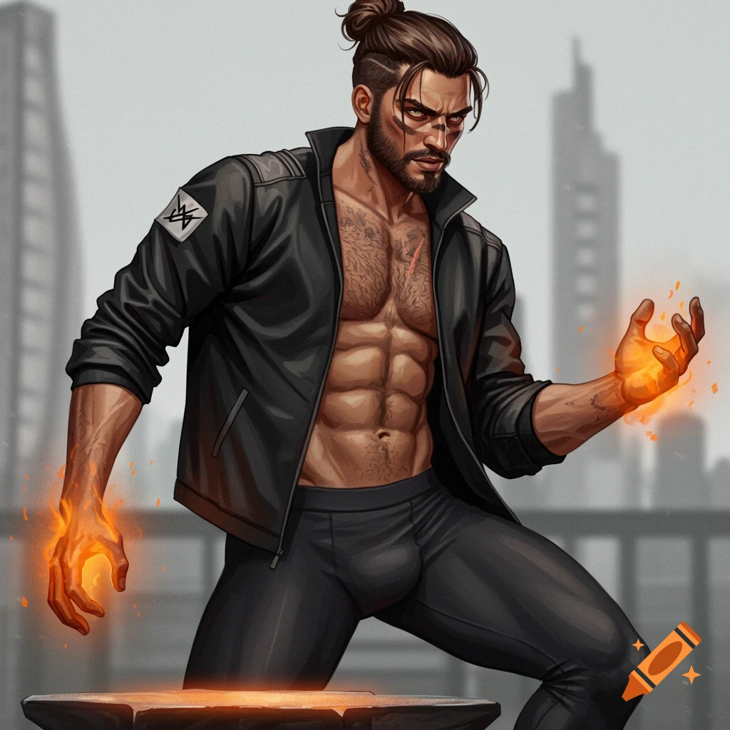 A muscular man with a man bun, open jacket, and fiery hands in a cityscape.
