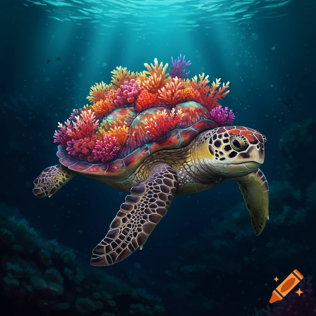 A sea turtle swimming underwater with colorful coral growing on its shell.