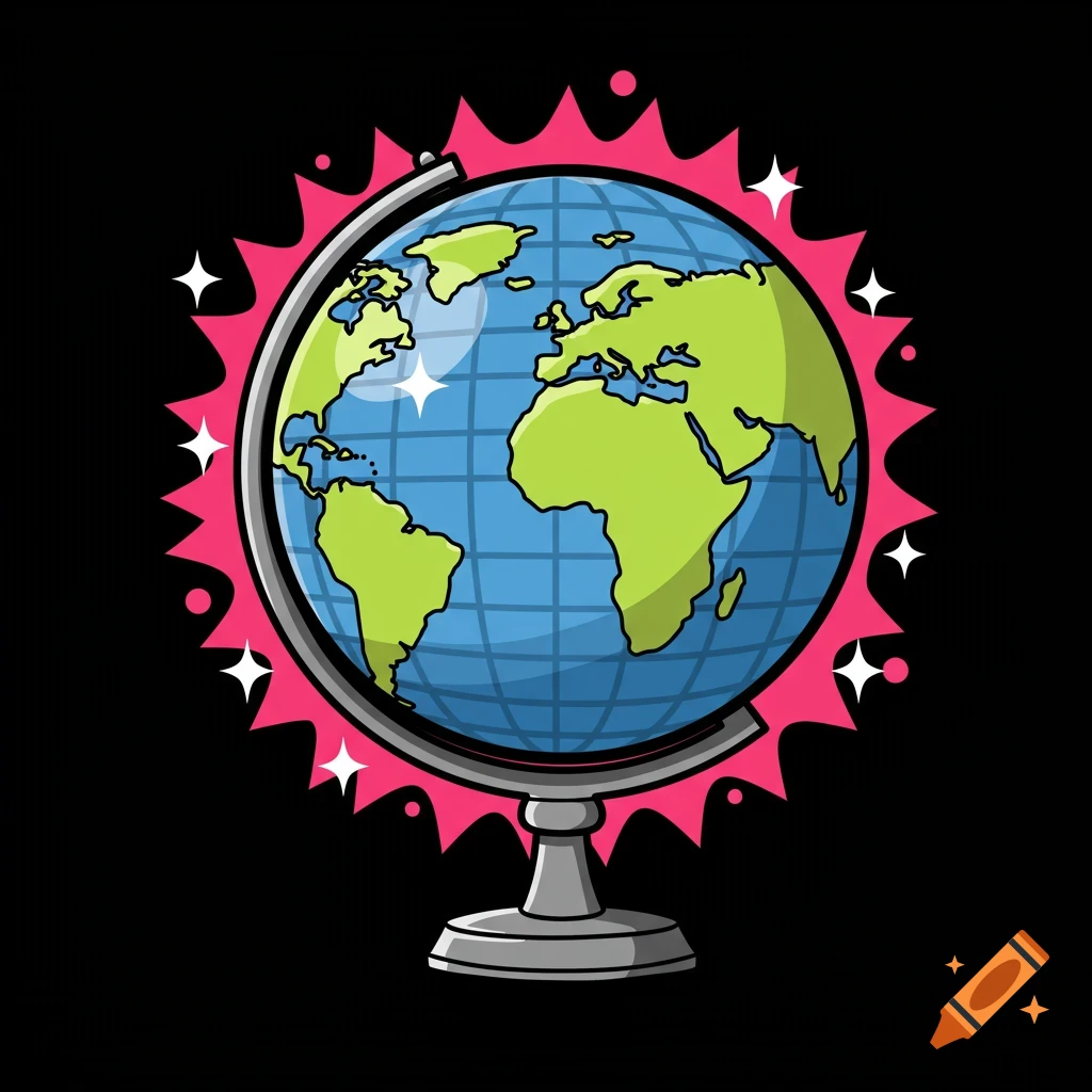 Cartoon globe with pink border and stars on black background.