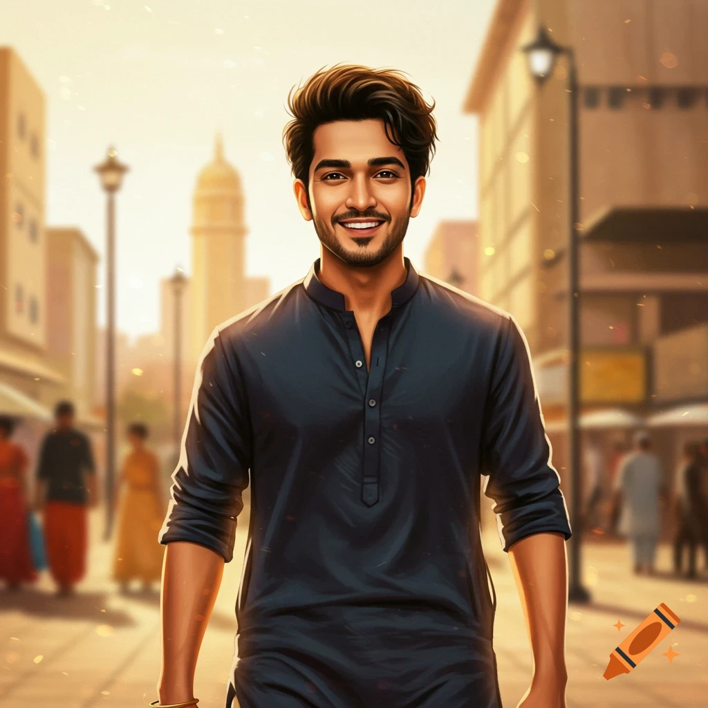 A smiling man in a kurta walks on a city street at sunset.