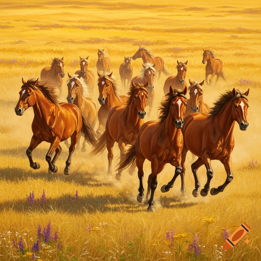 Herd of brown horses galloping through a golden field