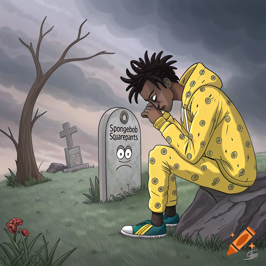 A cartoon character in a yellow tracksuit sits and cries beside a tombstone labeled Spongebob Squarepants.