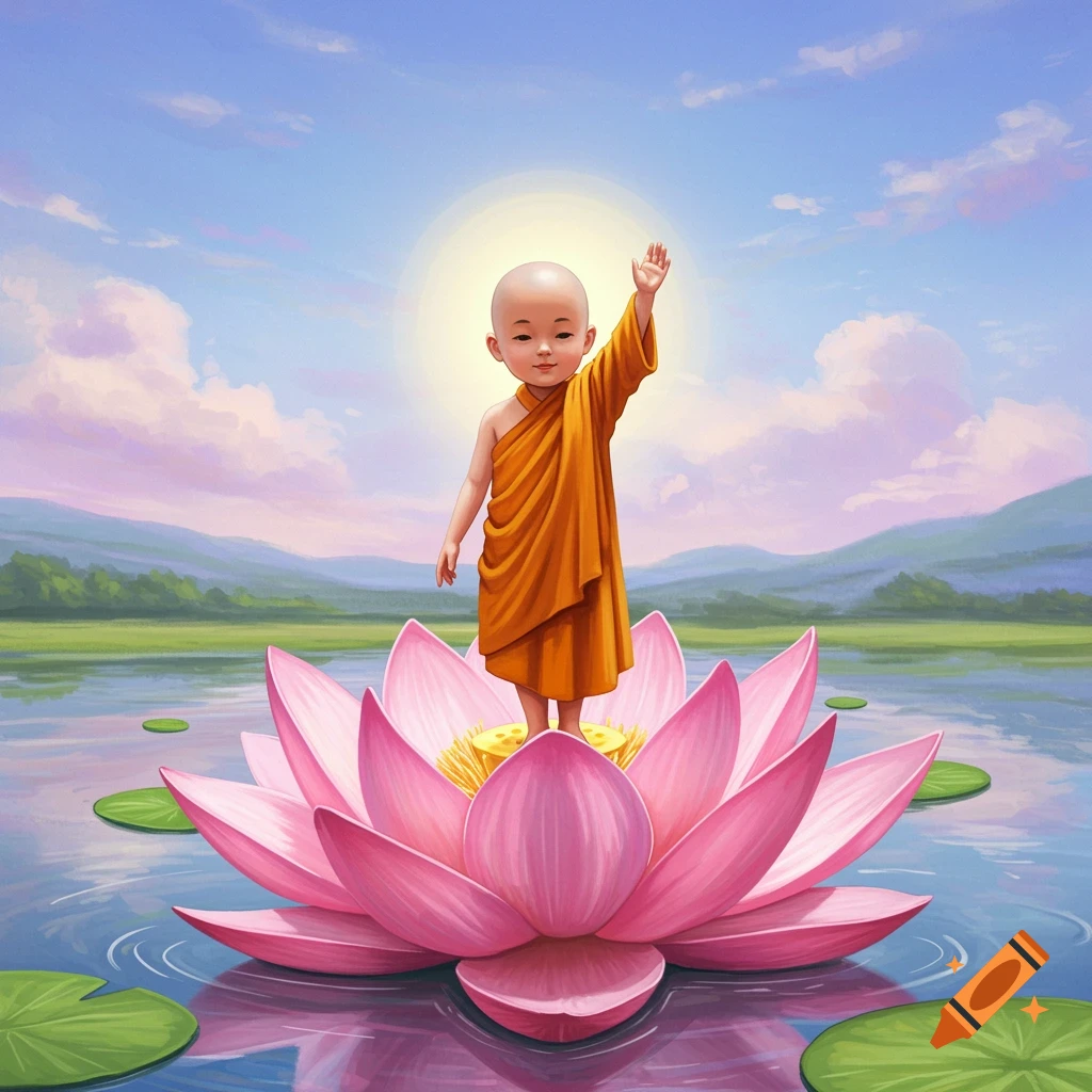 Baby monk stands on a pink lotus flower in a serene scene.