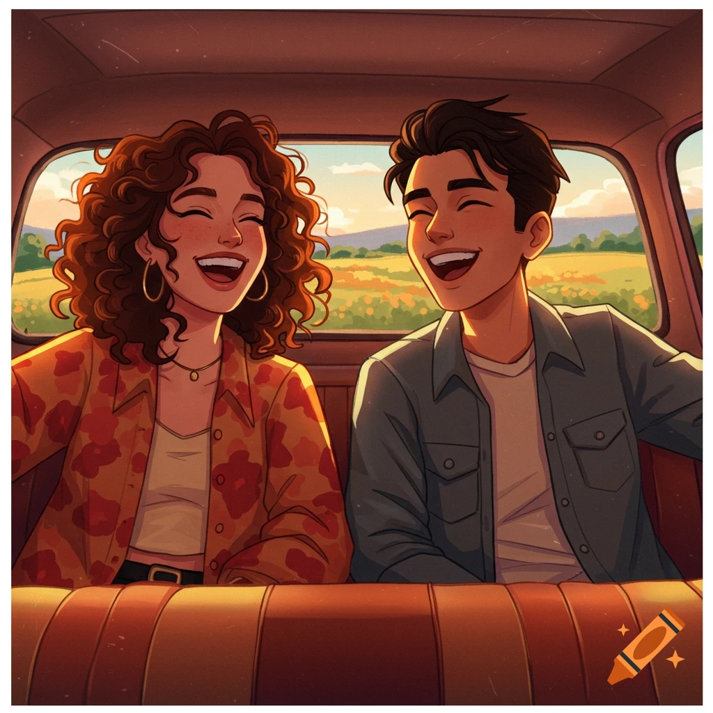 A happy couple laughs together in a car during a road trip.