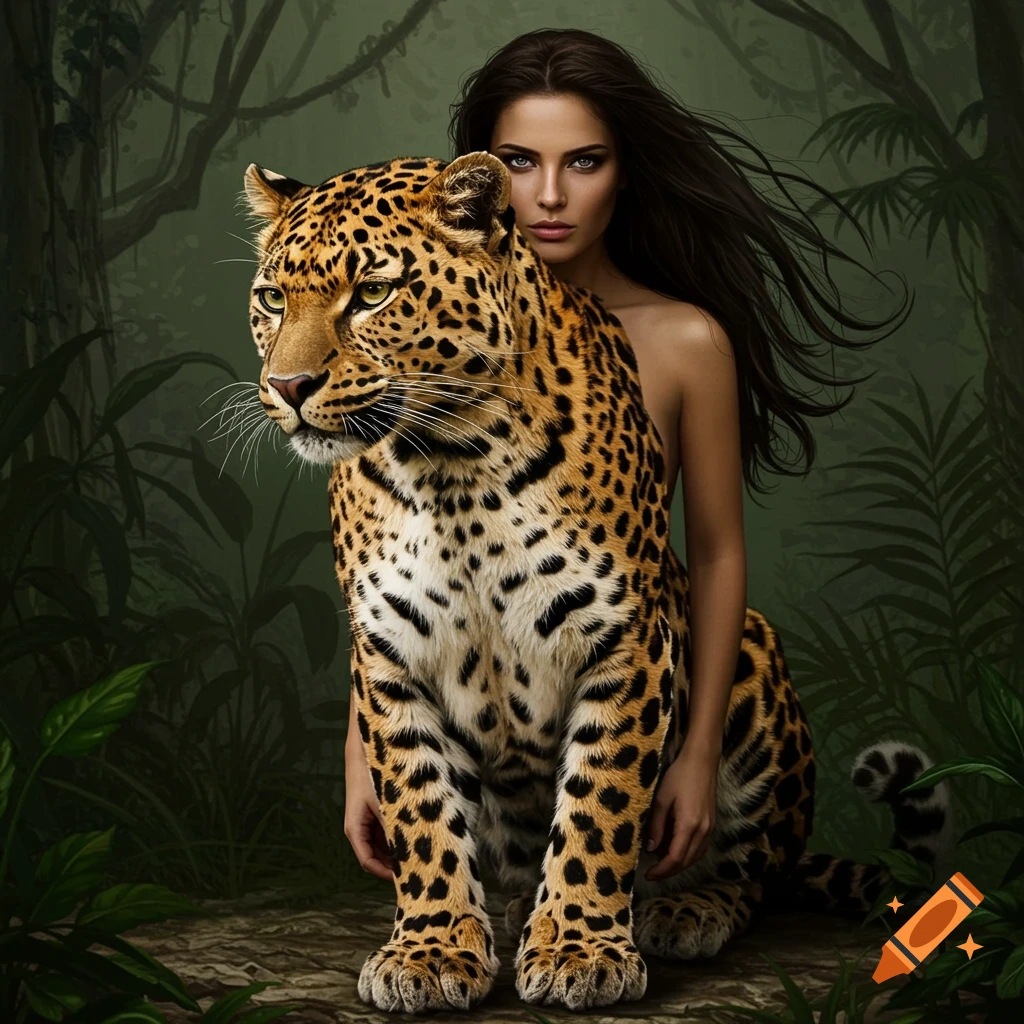 A woman behind a seated leopard in a jungle.