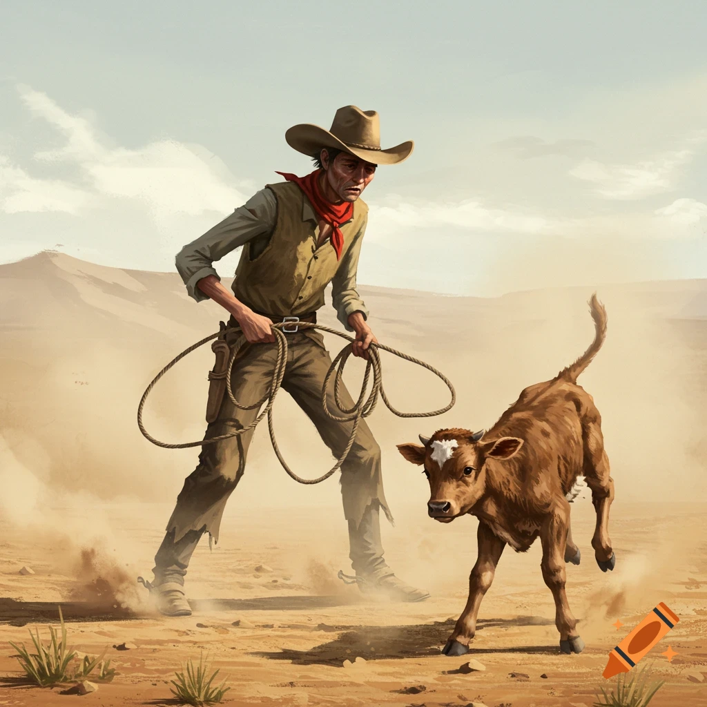 A sad, skinny cowboy attempts to lasso a calf in a dusty desert landscape.