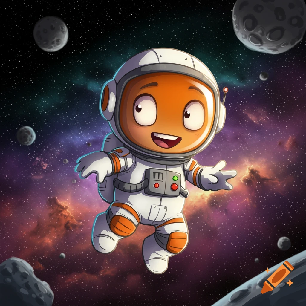 Smiling cartoon Kerbal astronaut floating in space with planets and nebulae.