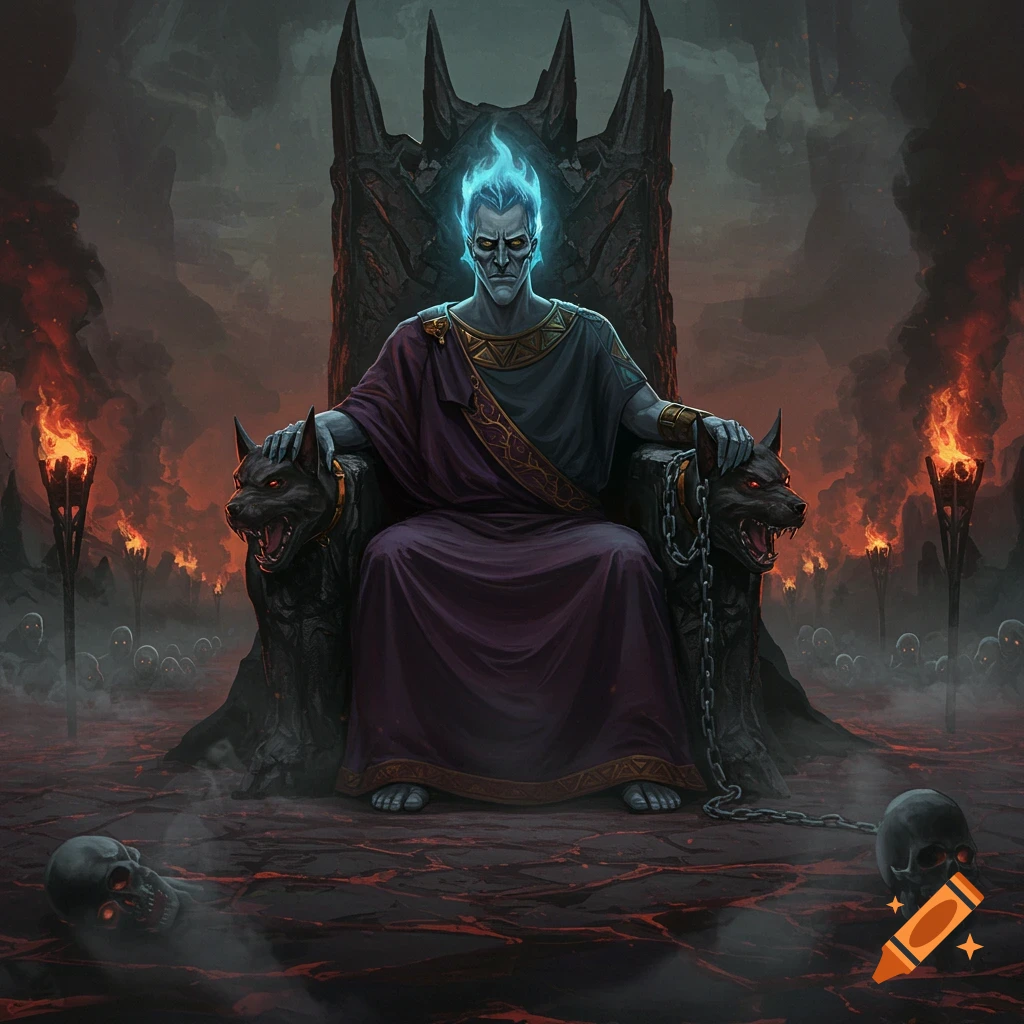 Hades on a throne in the underworld with flaming torches and skulls.