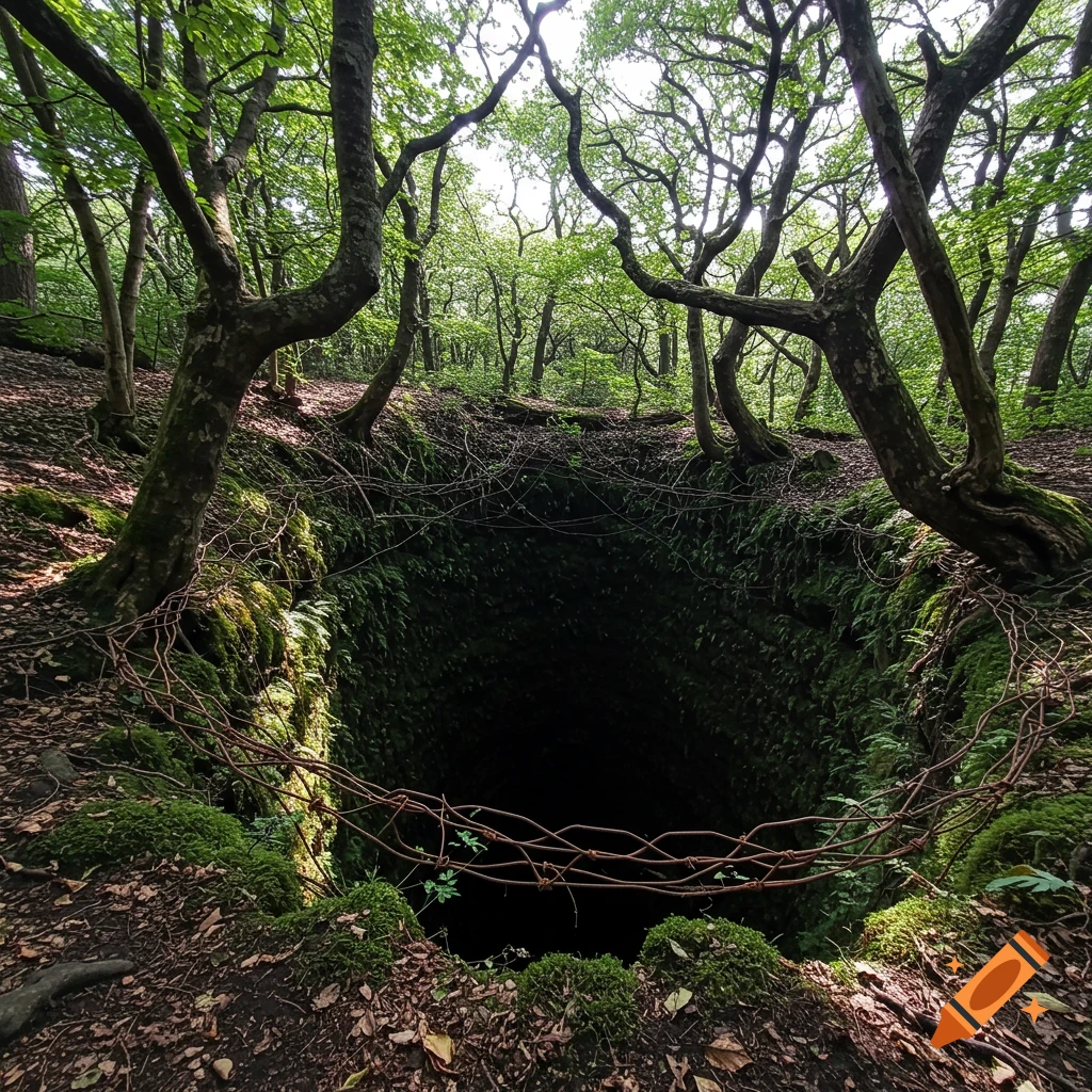 A deep pit in the middle of a dense forest, surrounded by trees with exposed roots and mossy ground.