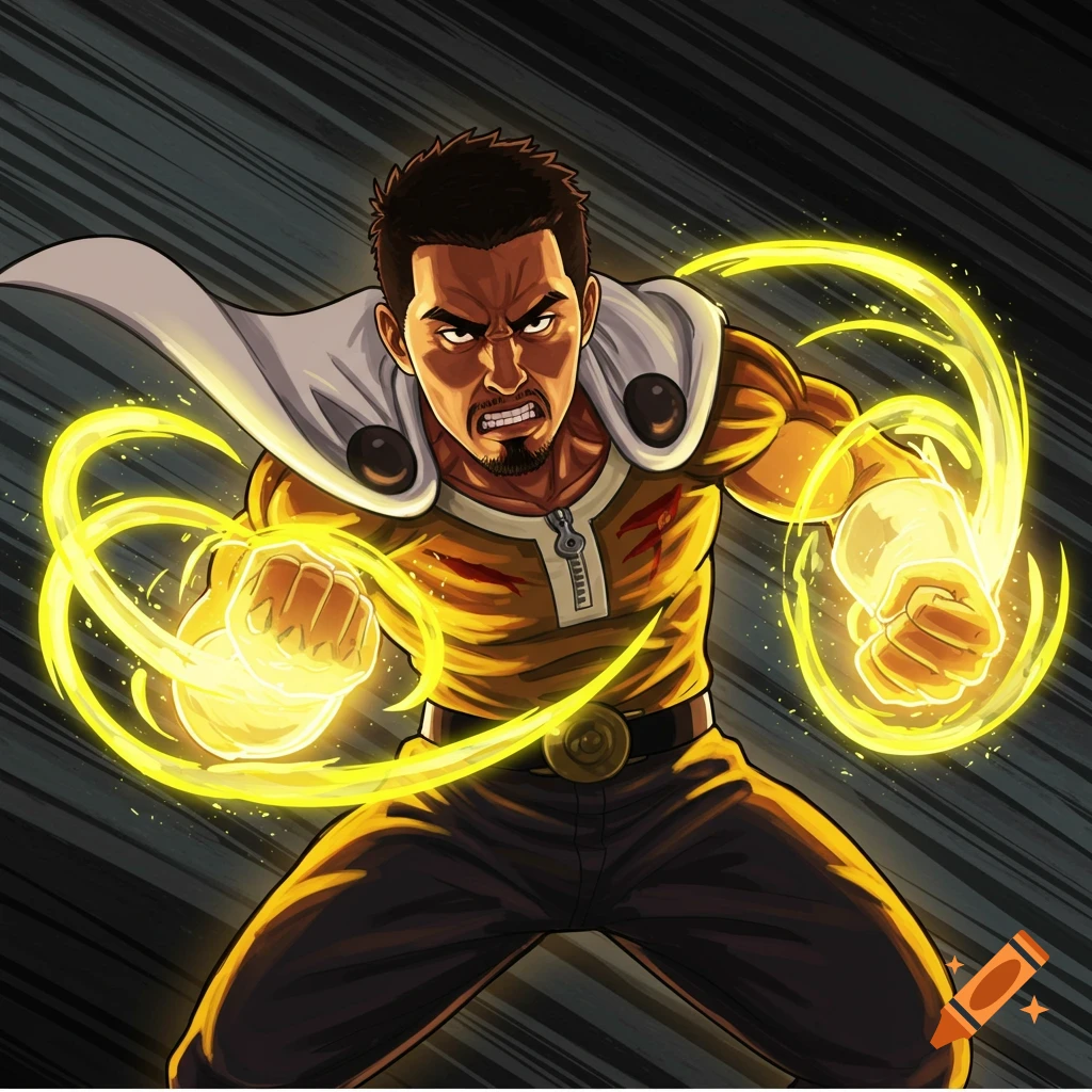 Anime style image of a man in a yellow outfit with energy around his fists.