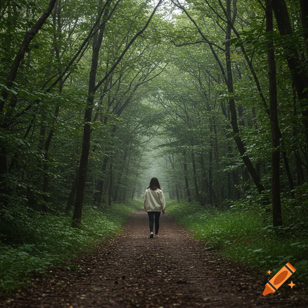 A person walks down a misty forest path.