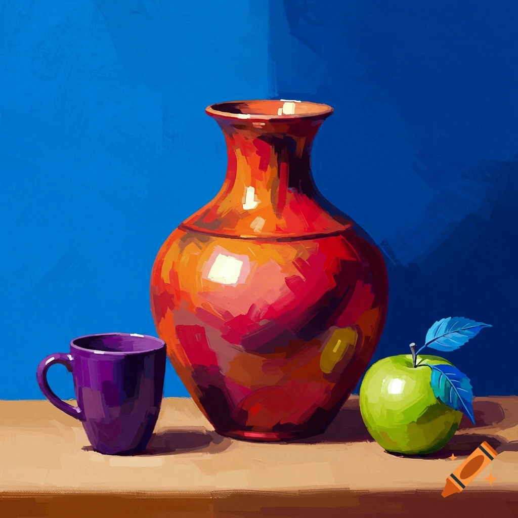 A still life with a red and orange vase, a purple cup, and a green apple with blue leaves on a brown table against a blue background.