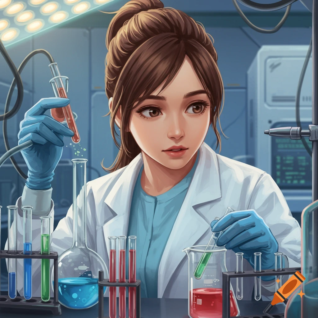 A young woman scientist in a lab, working with beakers and test tubes.