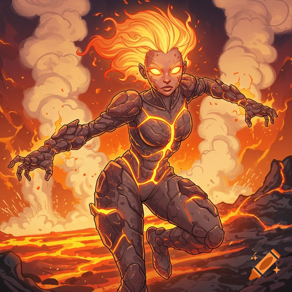 Female superhero with flaming hair and rocky armor in a volcanic landscape.
