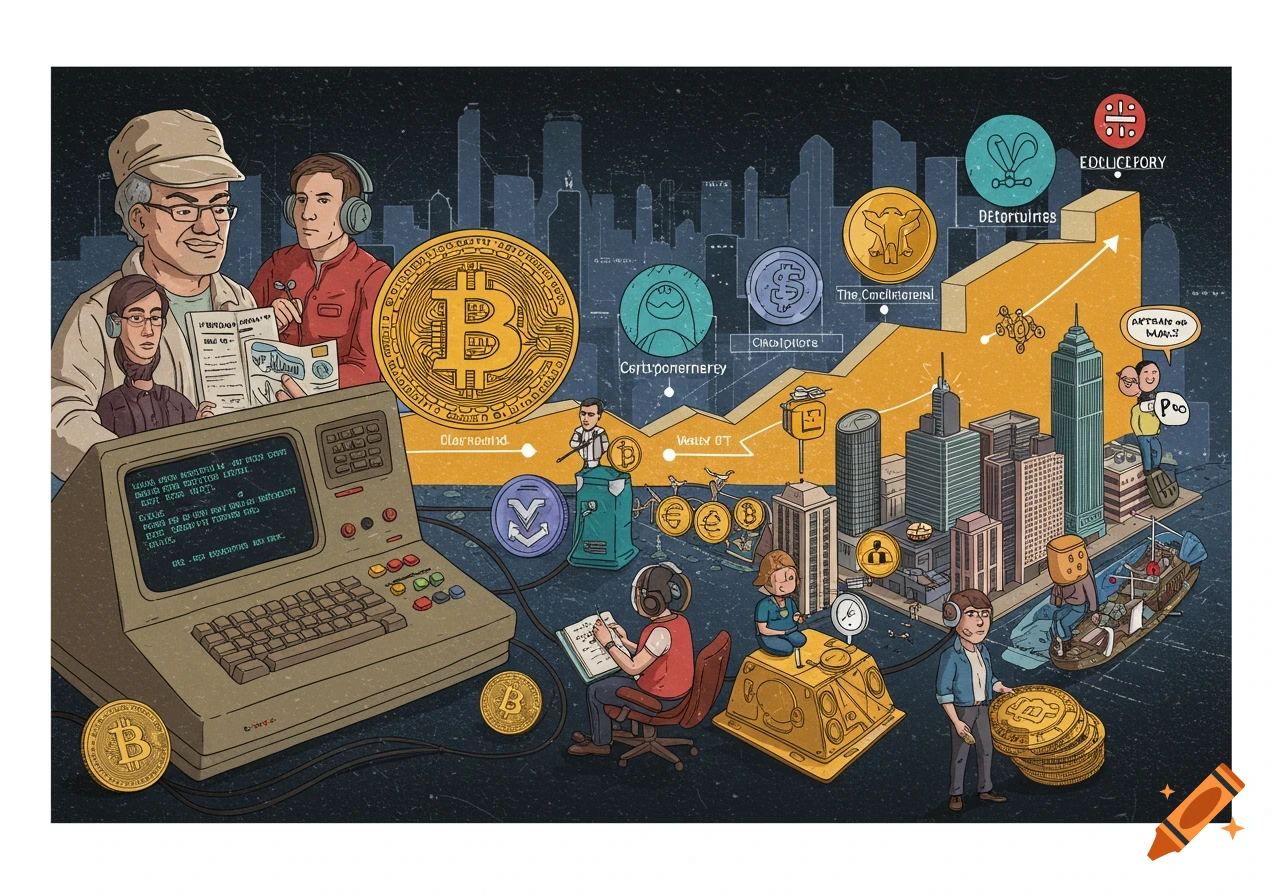 Digital illustration of people, computer, Bitcoin coins, charts, and buildings representing cryptocurrency history.