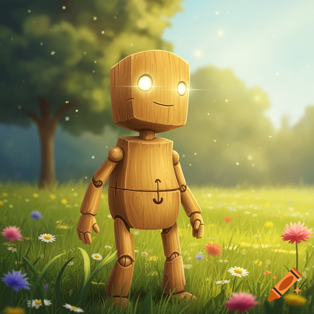 A wooden toy robot with glowing eyes stands in a sunny meadow filled with wildflowers.
