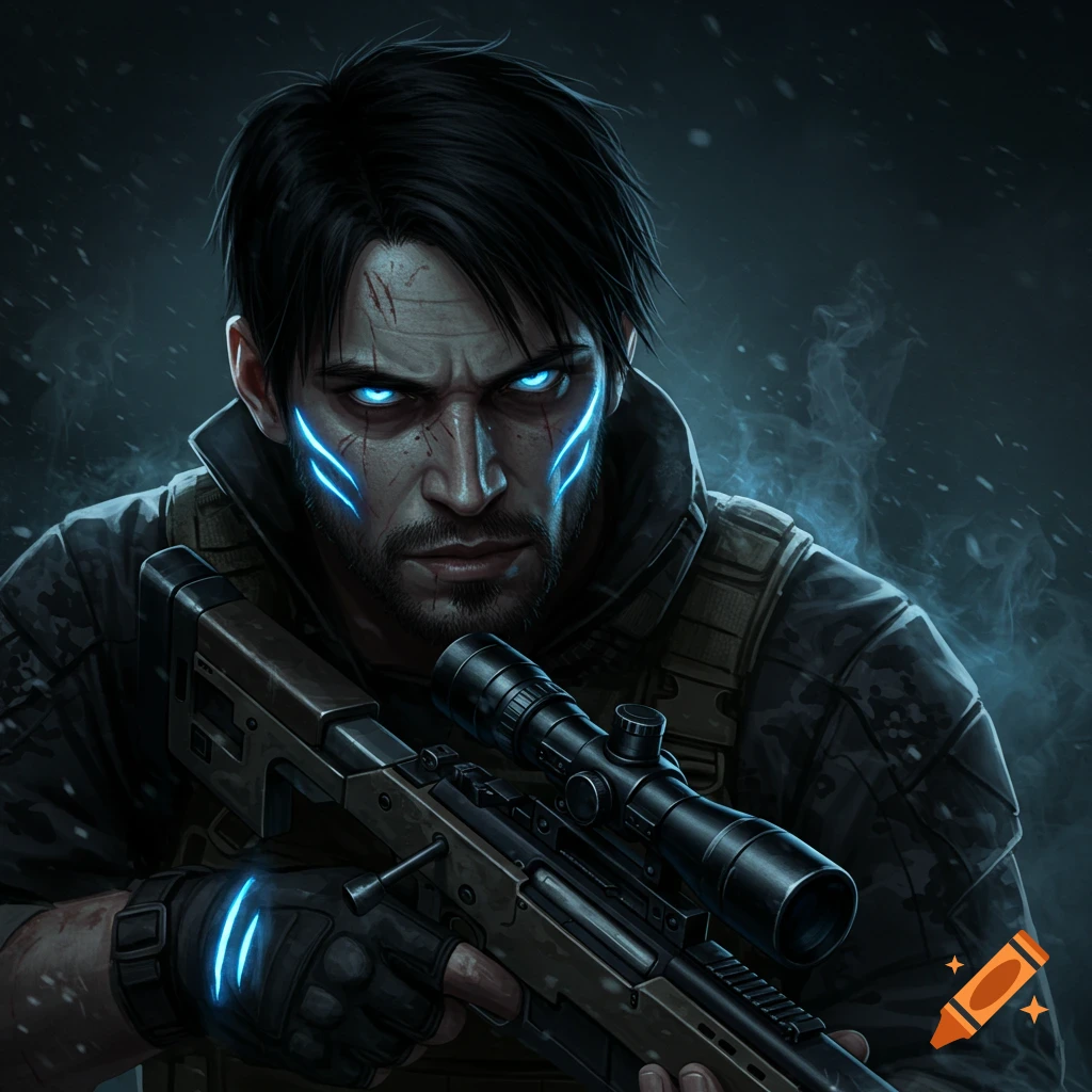 A special agent with glowing blue scars and eyes is holding a sniper rifle.