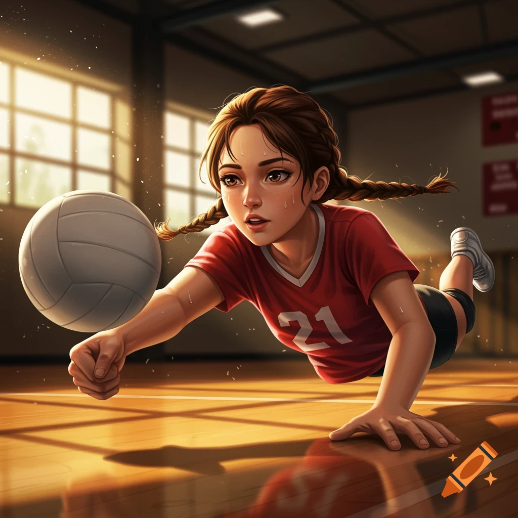 A young girl in a red jersey diving for a volleyball on a gym court.