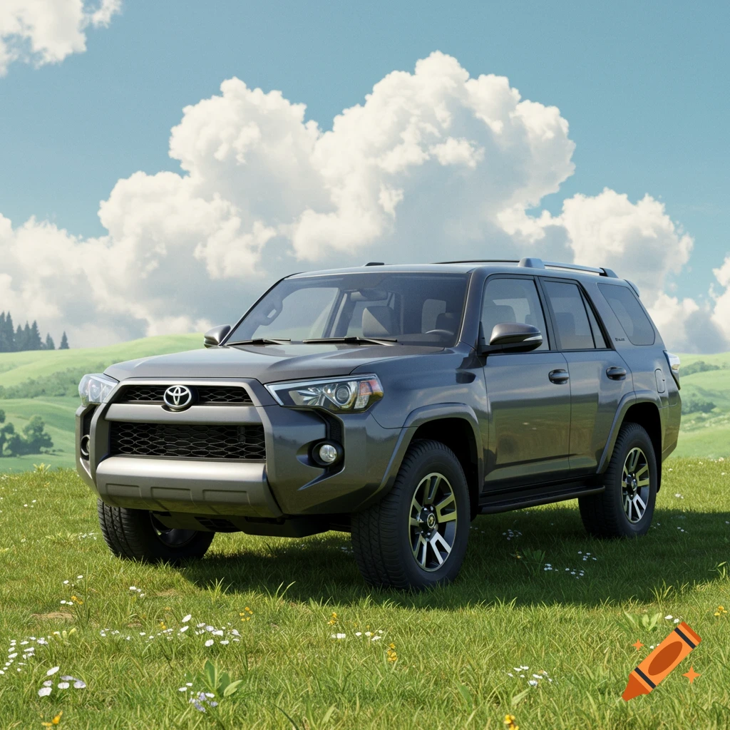 A dark grey Toyota 4Runner parked on a grassy hill under a cloudy sky.