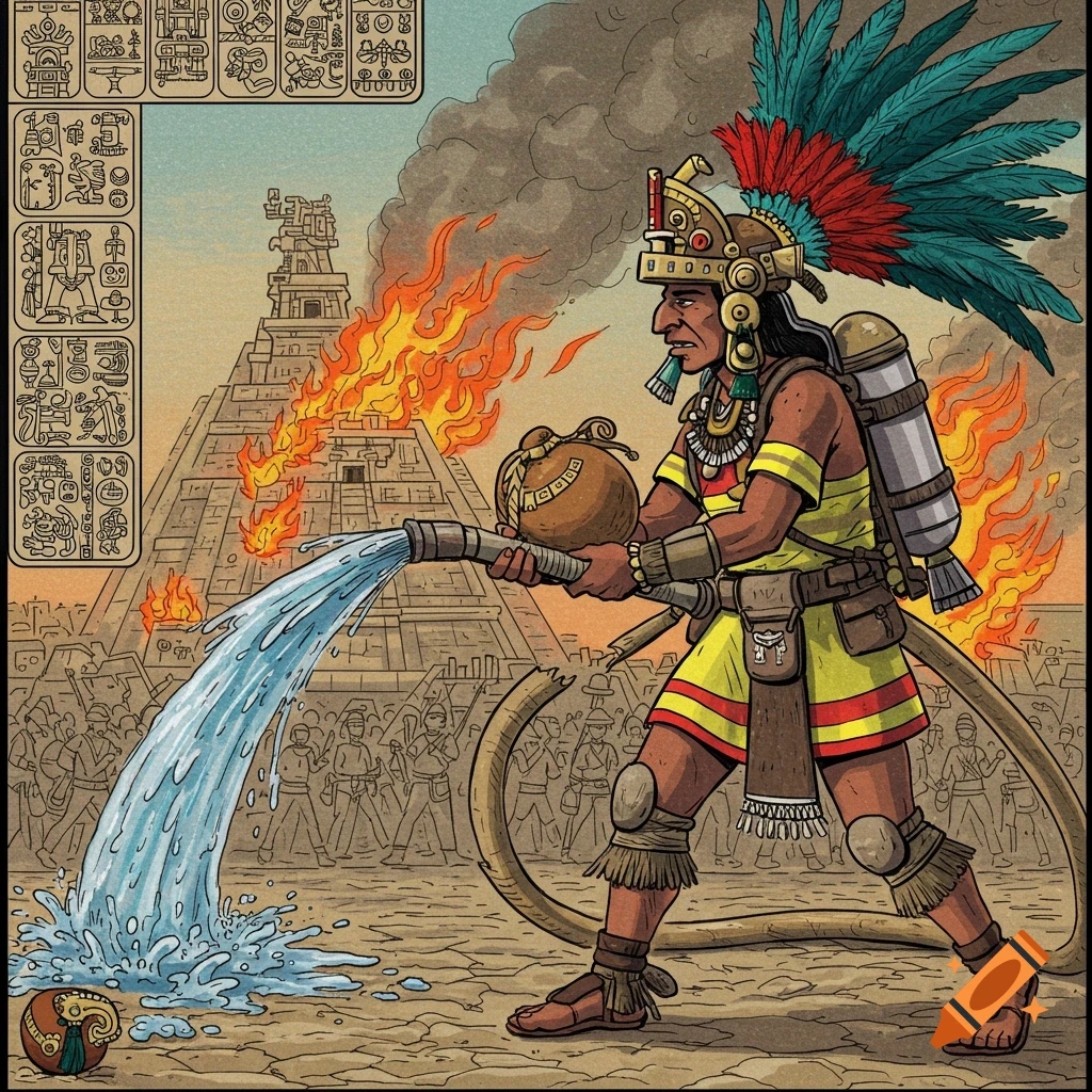 Aztec firefighter sprays water on a burning pyramid with a hose, drawing style, glyphs in corner.