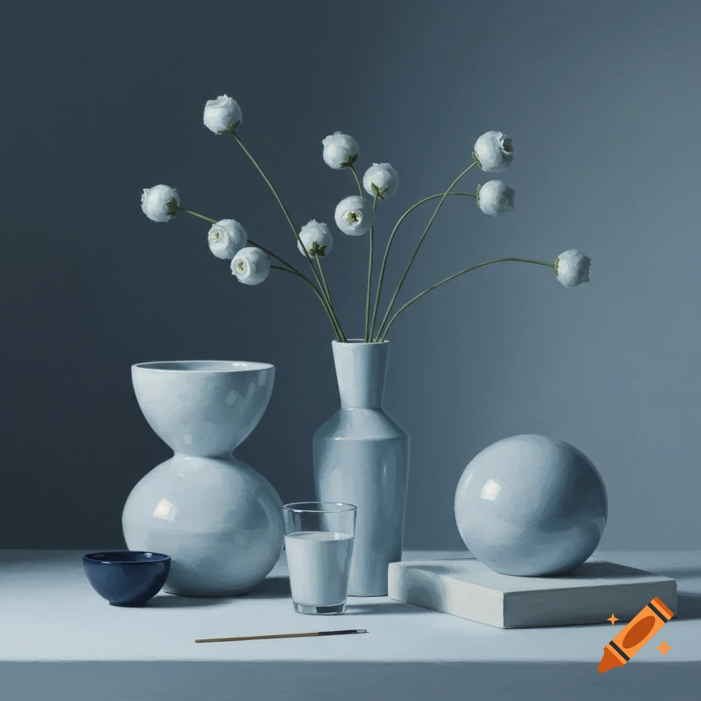 Minimalist still life oil painting of white objects and flowers.