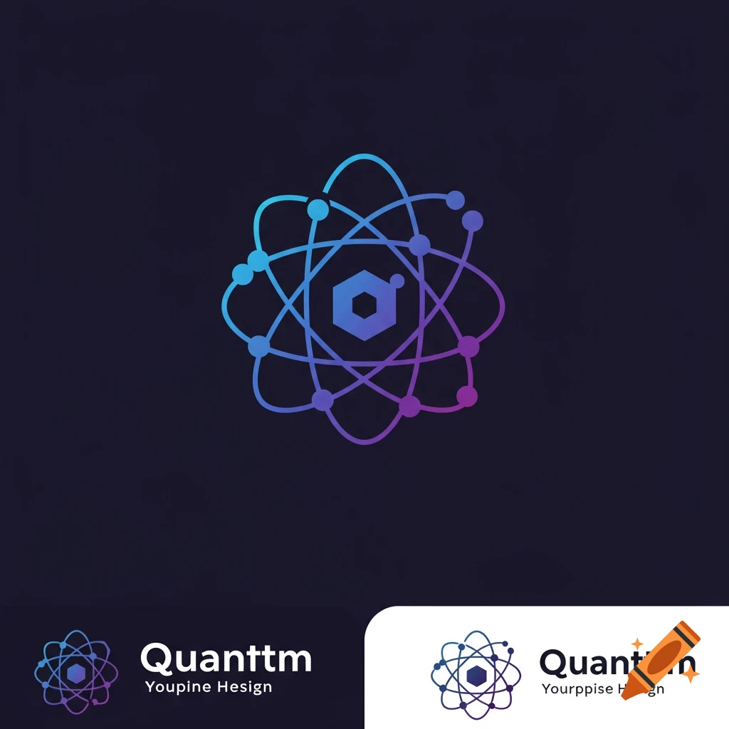 Abstract logo with a central hexagon surrounded by orbiting dots and lines, in blue and purple gradient.