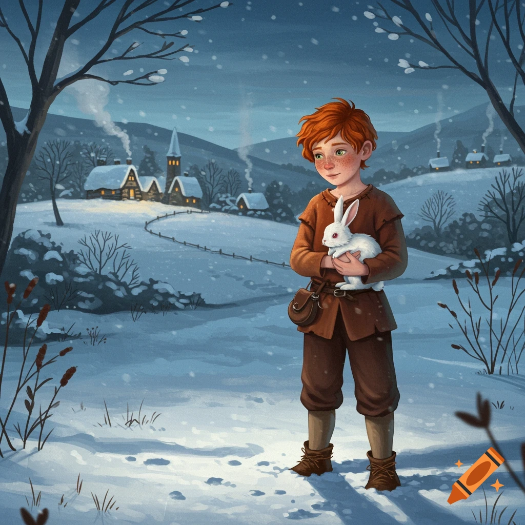 A red-haired boy holds a white rabbit in a snowy medieval village.