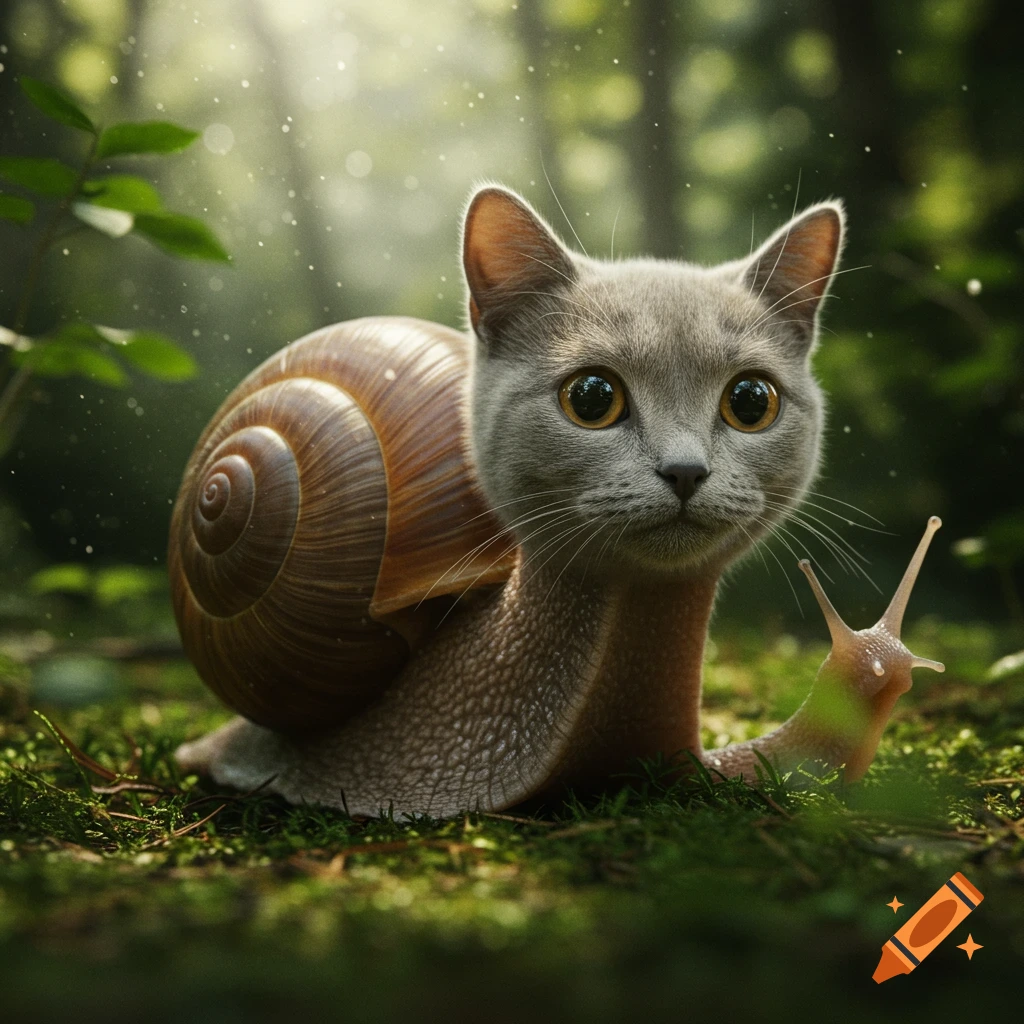 A photorealistic snail-cat hybrid in a forest.