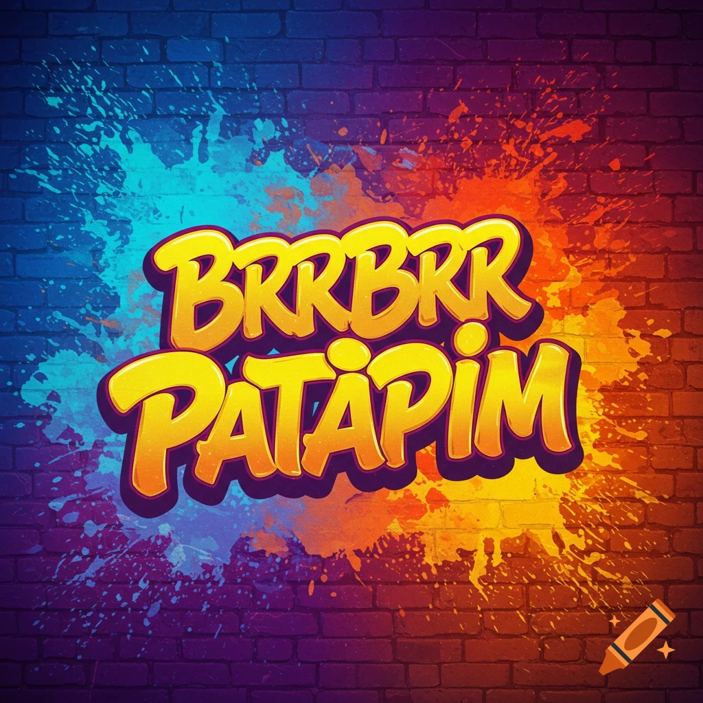 Graphic text 'BRRBRR PATAPIM' with colorful paint splashes on a brick wall background