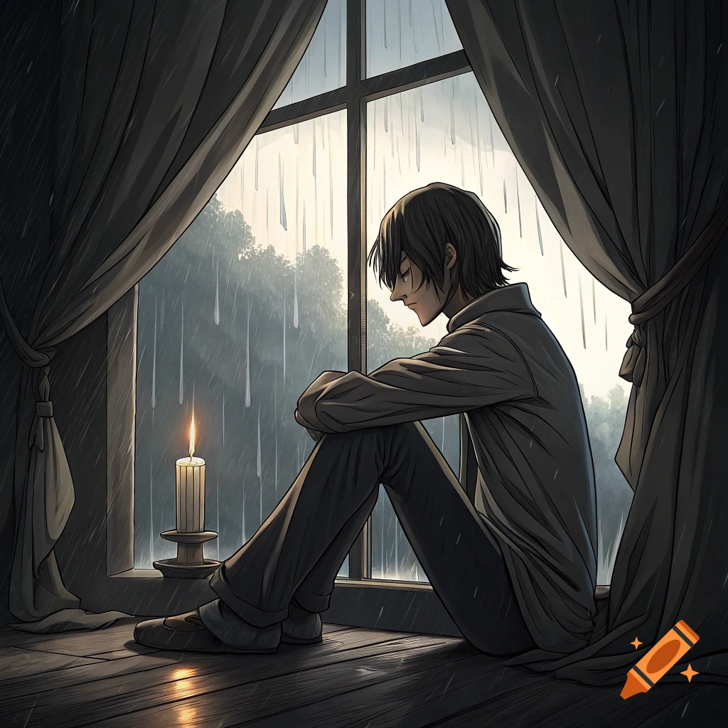 Anime character sits by window watching rain with a candle