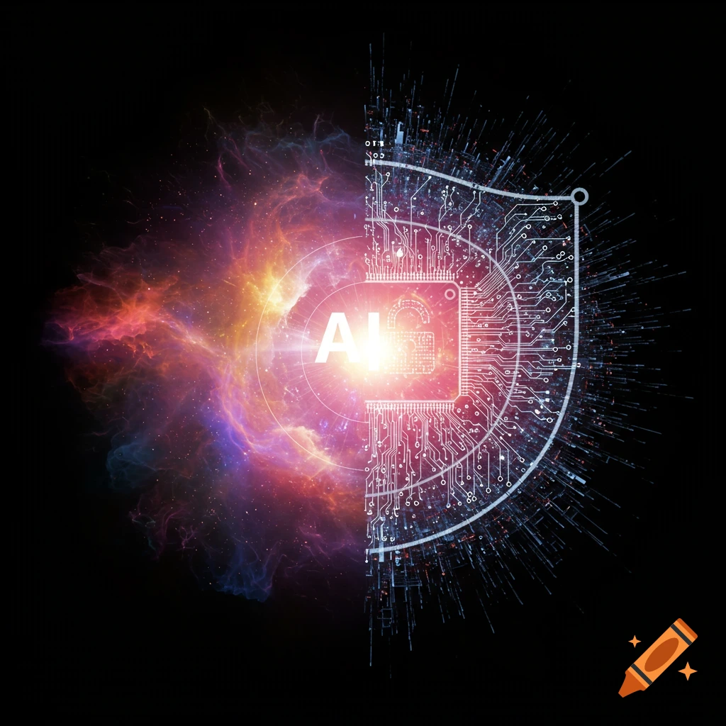 Digital art blending a colorful nebula with a circuit board shield and AI text.