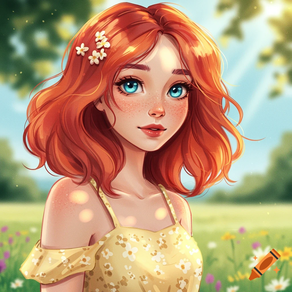 A red-haired girl with blue eyes and freckles in a yellow dress in a field of flowers.