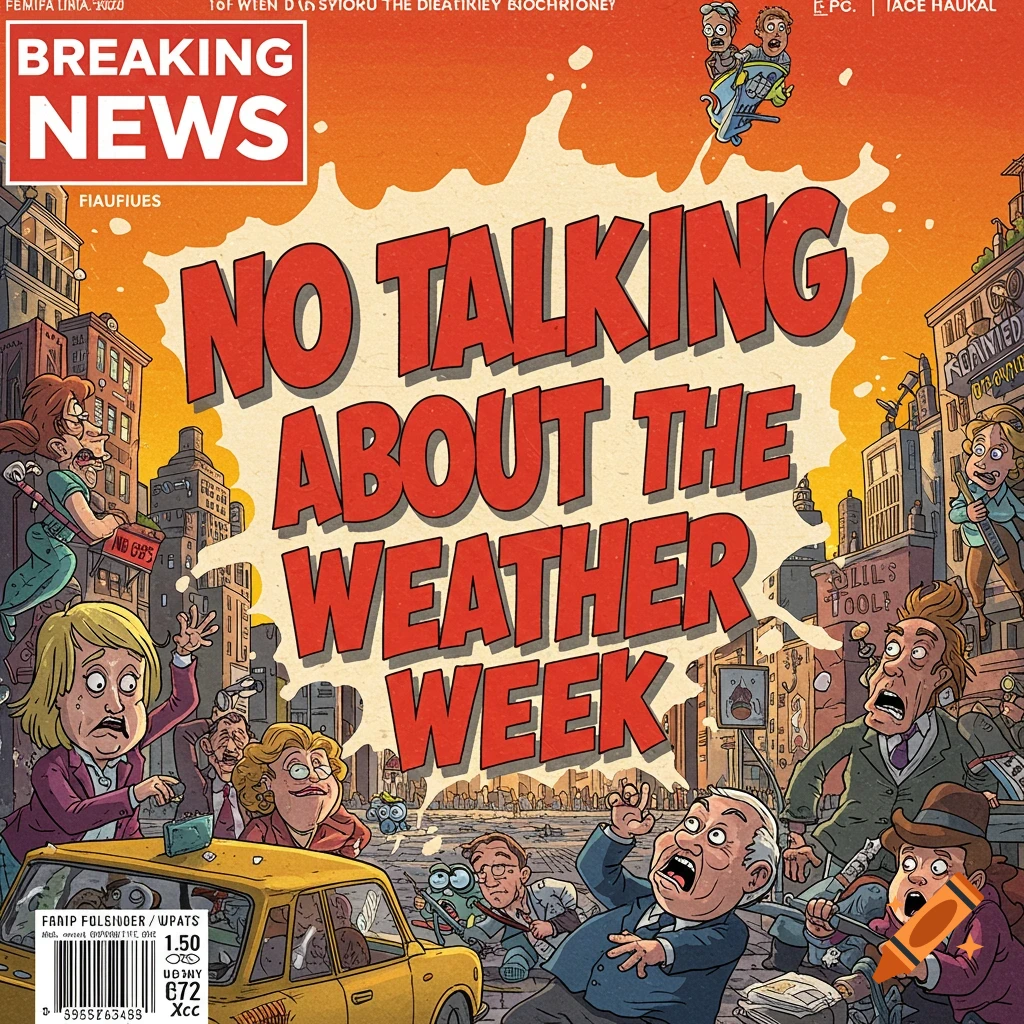 Comic book cover with 'NO TALKING ABOUT THE WEATHER WEEK' title, showing a chaotic street scene with distressed cartoony people.