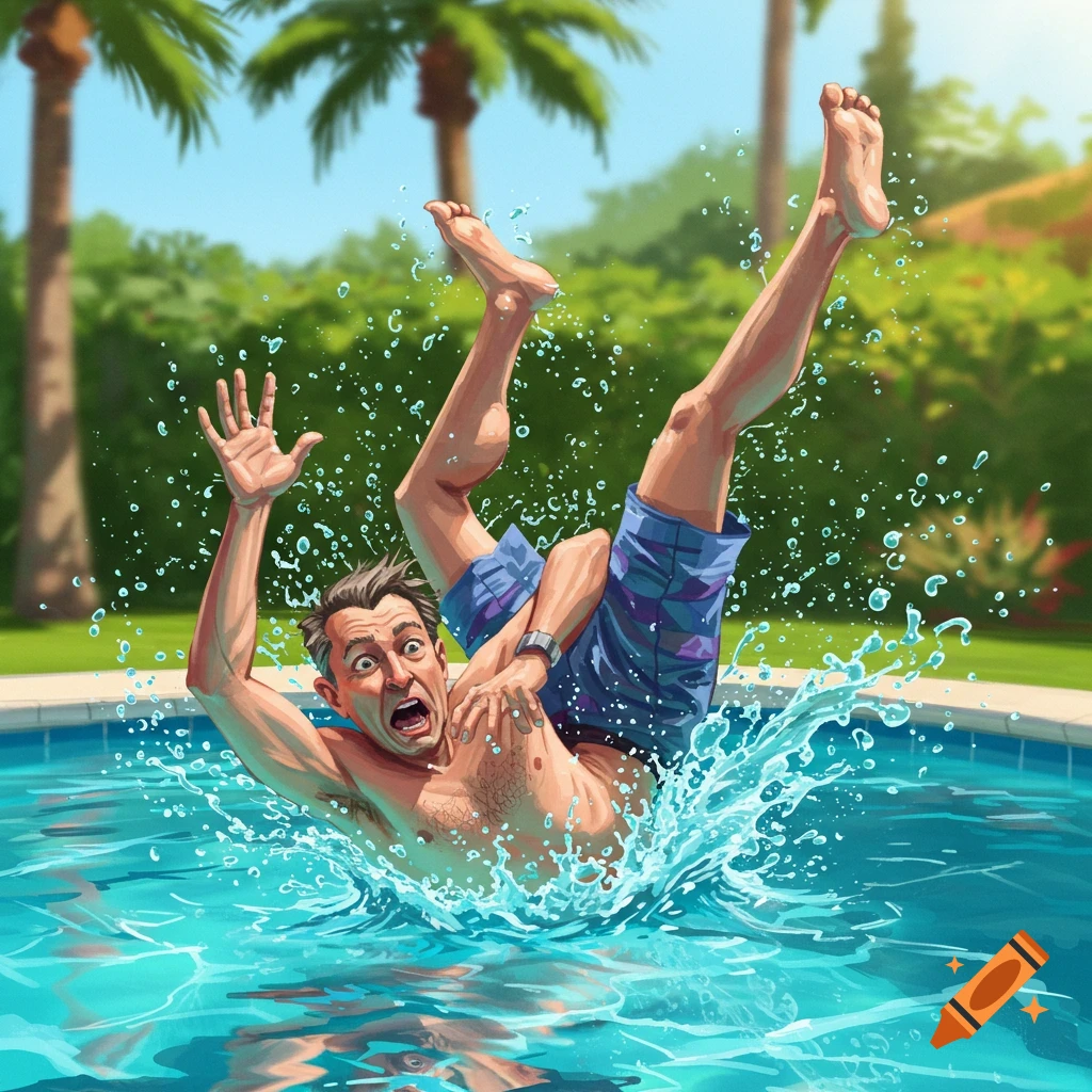 A surprised man falls headfirst into a swimming pool, splashing water.