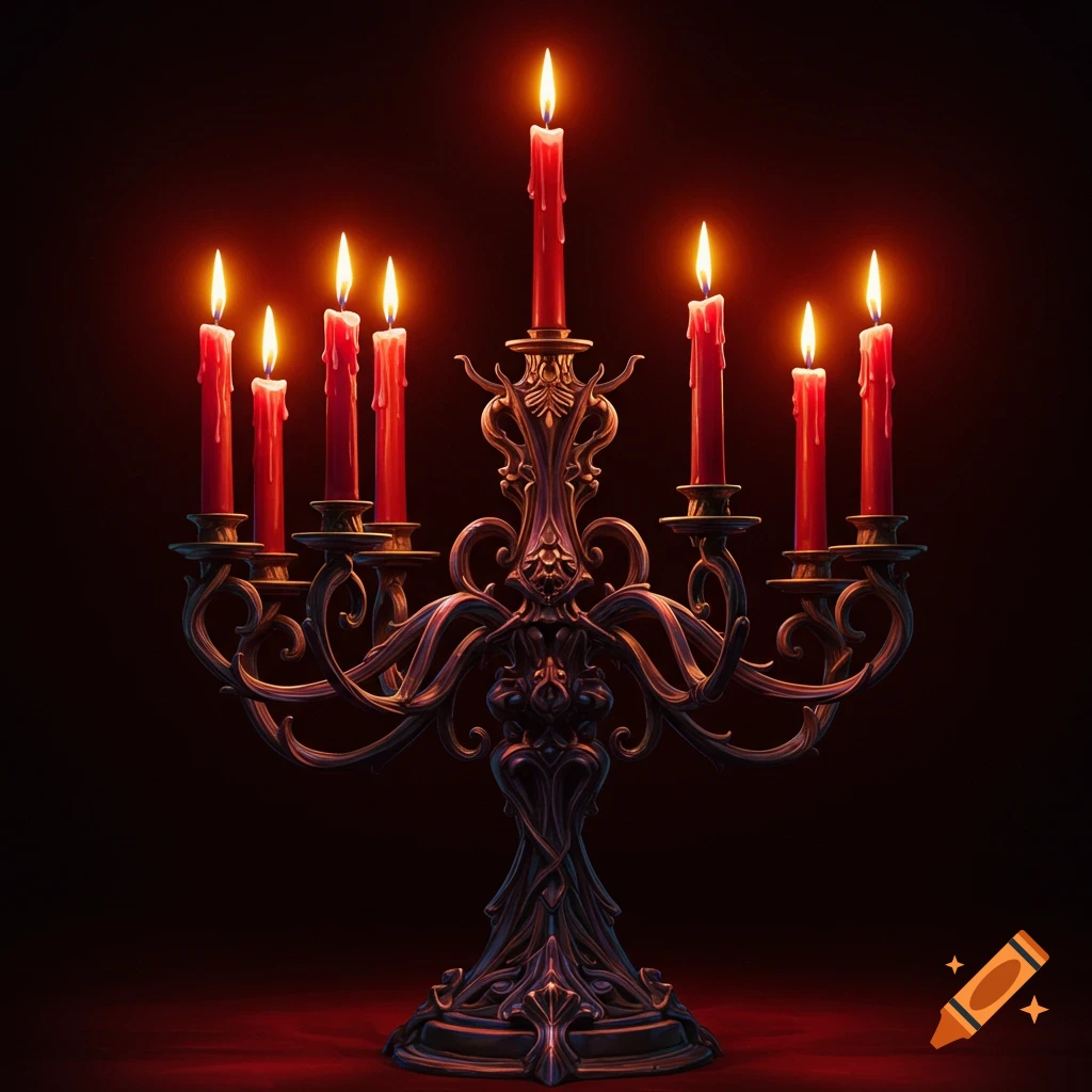 An ornate candelabra with eight lit red candles.