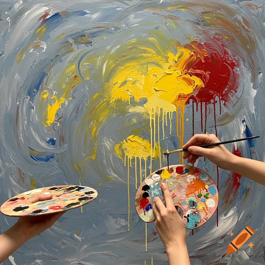 Hands hold paint palettes and a brush, painting abstract swirling colors on a canvas.